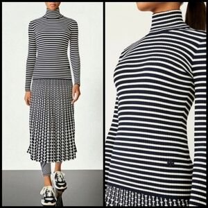 EUC Tory Burch Sport Striped Ribbed Tech Knit Turtleneck in Tory Navy and Ivory